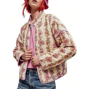 Women’s Purple Cropped Puffer Jacket Floral Printed Quilted Lightweight Coat